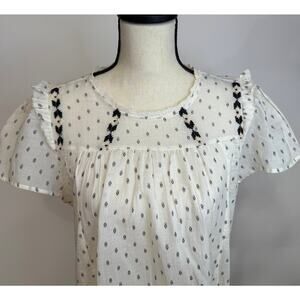 Lucky Brand Ivory Black Embroidered Ruffle Sleeveless Blouse NWT Boho Top
